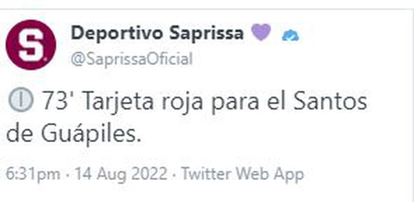 Tuit publicado por el Deportivo Saprissa. Captura de imagen.