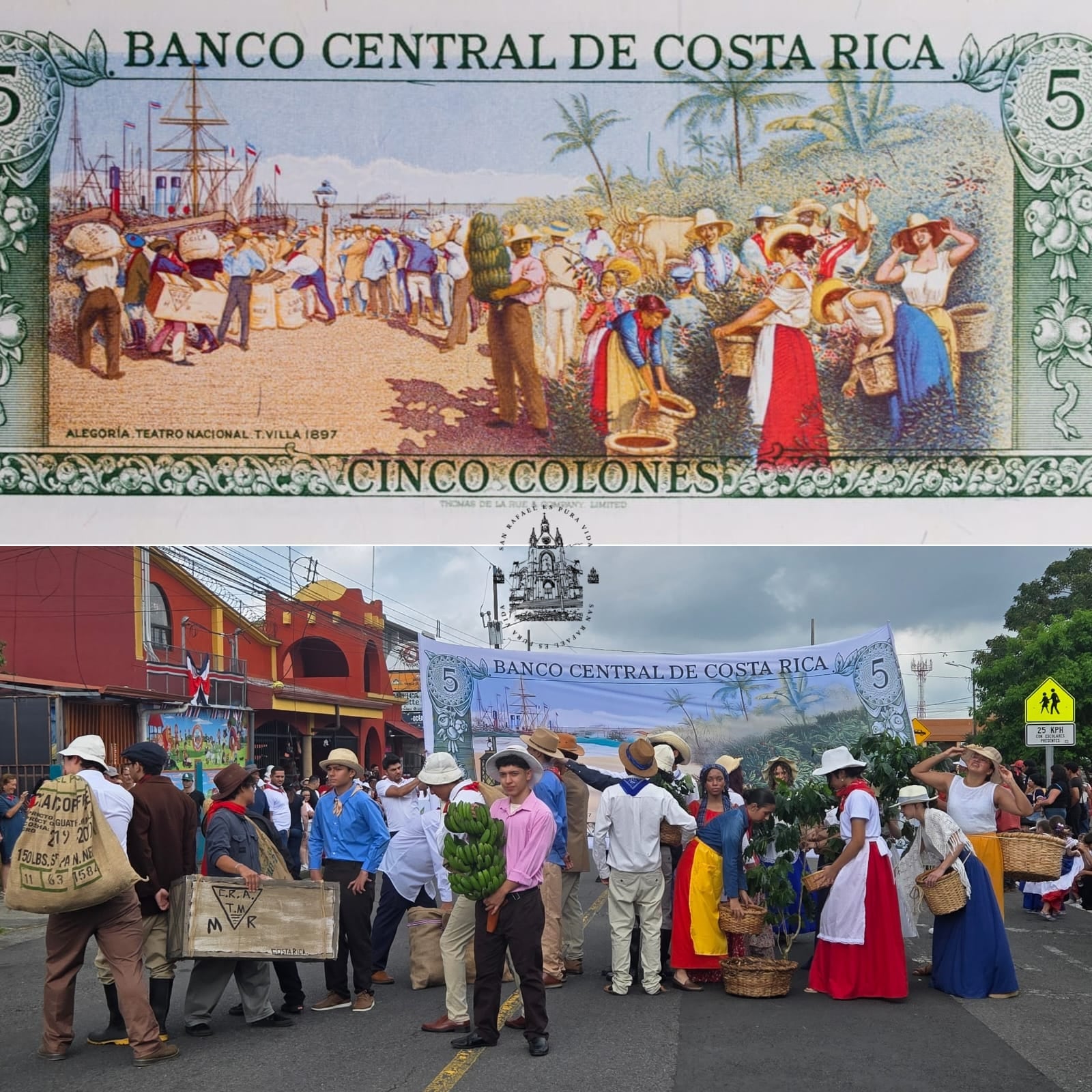 25 jóvenes del Colegio Técnico Profesional Carlos Pascual Zúñiga de San Rafael de Heredia le dio vida a nuestro hermoso billete de 5 colones. El director de la puesta en escena es Jonathan Arce Rodríguez y la idea fue de Juan Francisco Valerio Delgado, quien es investigador sociocultural. El CTP tiene un proyecto con los estudiantes que se llama "Viajeros en el tiempo".