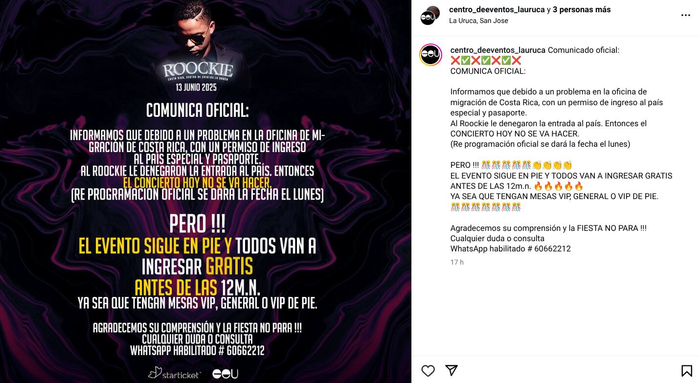 El Roockie se presentaría este viernes 13 de junio en el Centro de Eventos La Uruca; sin embargo, su show no se dio por ese impedimento para ingresar al país y este lunes se conocerá la nueva fecha del concierto.