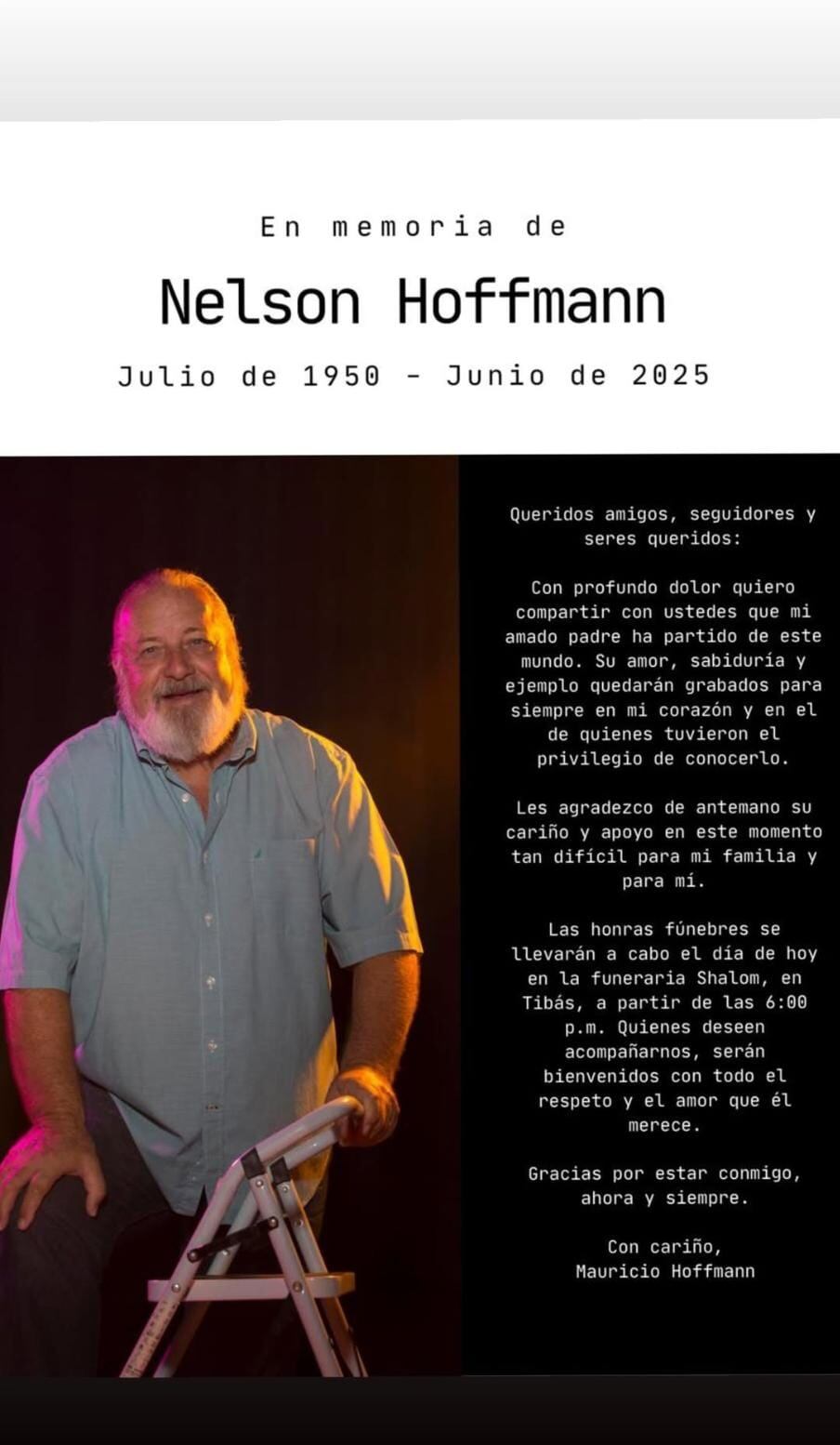 Mauricio Hoffmann agradeció muestras de apoyo tras la muerte de su padre Nelson Hoffmann