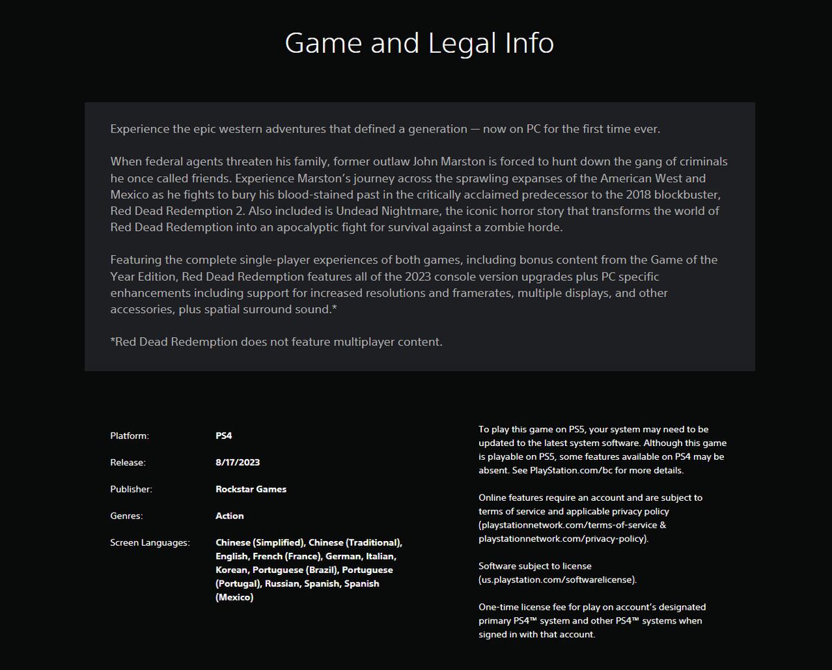 PlayStation puede que haya metido la pata y reveló por accidente la llegada de Red Dead Redemption a PC. (Captura de pantalla)