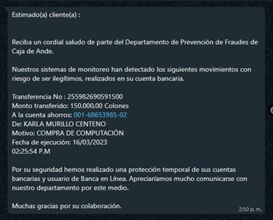 Caja de ANDE confirma que en su la Línea de Servicio al Accionista, detectaron a raíz de varios reportes, mensajes que están circulando por medio de la red social Whatsapp