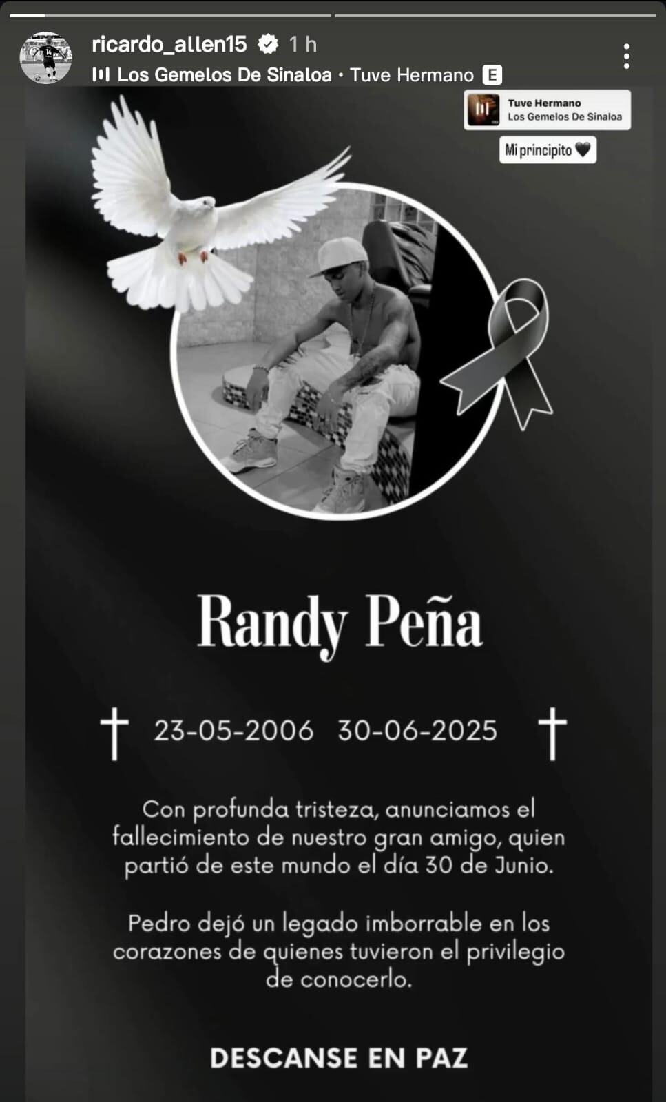 Este fue el mensaje compartido por Ricardo Peña. Foto Instagram.