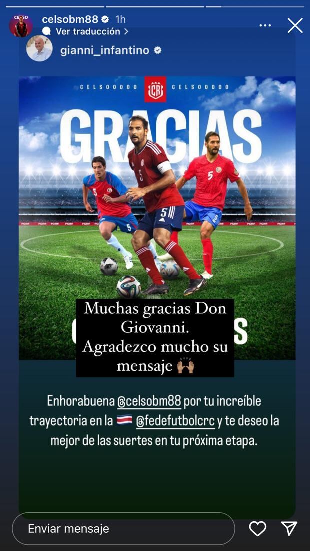 Presidente de FIFA, Gianni Infantino felicitó a Celso Borges por su trayectoria en la Selección de Costa Rica. Foto: Instagram