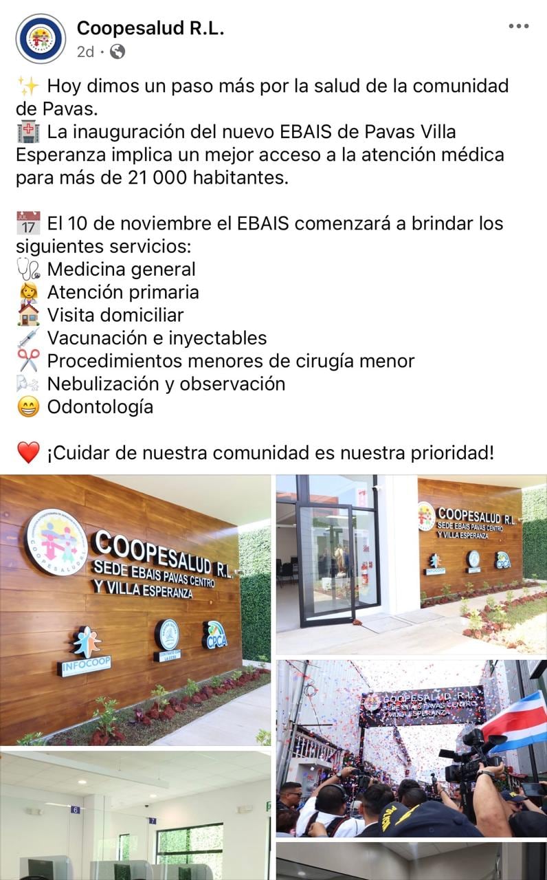 Coopesalud R.L. anunció hace unos días la inauguración del Ebáis en Pavas, pero informó que varios servicios no estarán disponibles hasta noviembre.