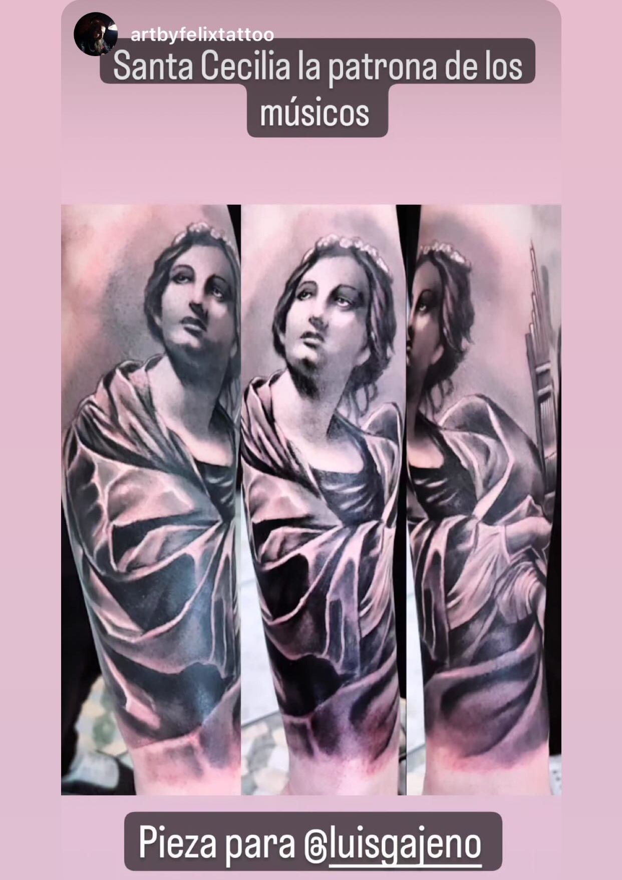 LuisGa Loría y su tatuaje de la patrona de los músicos Santa Cecilia. Instagram