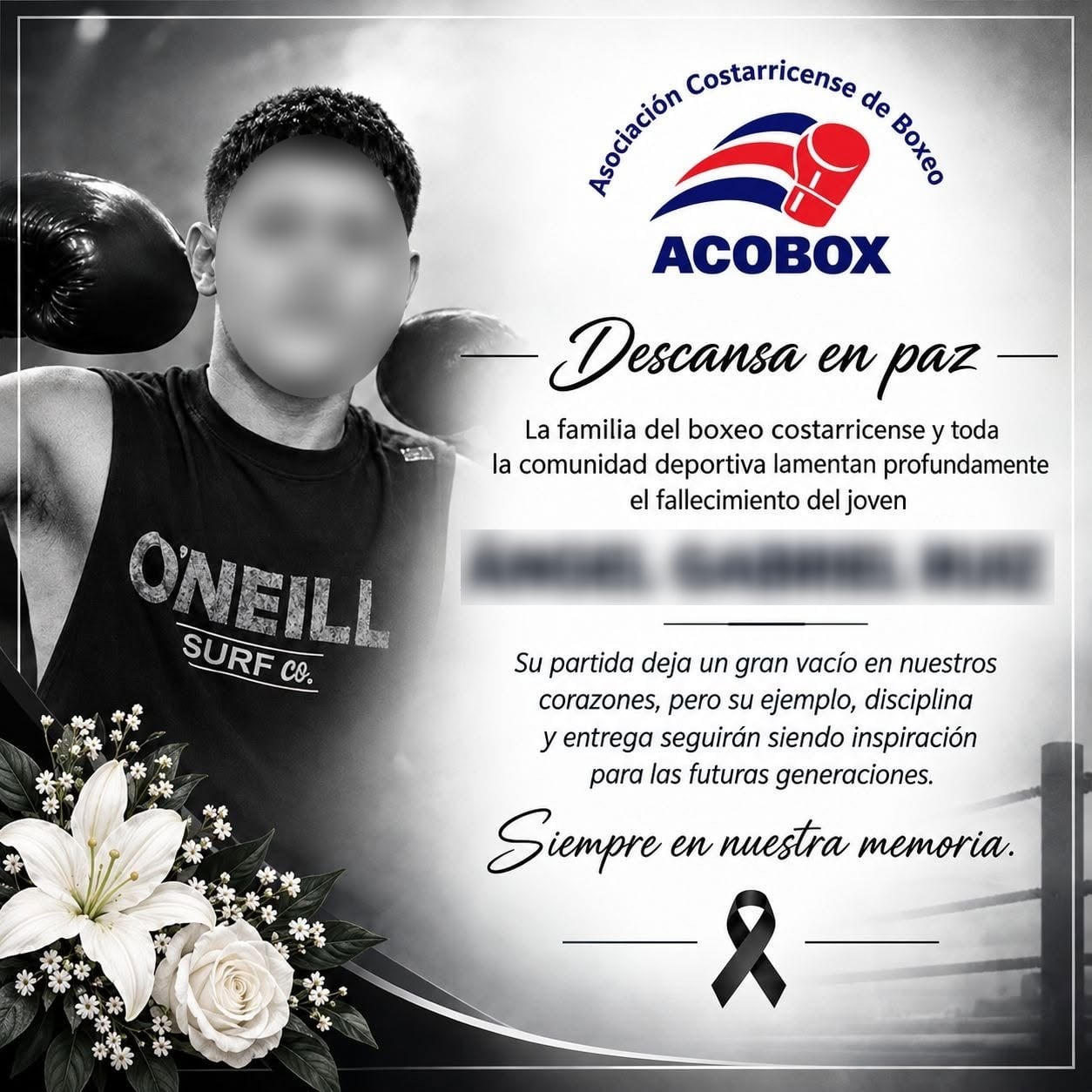 La Asociación Costarricense de Boxeo (Acobox) le dedicó este sentido mensaje al joven.