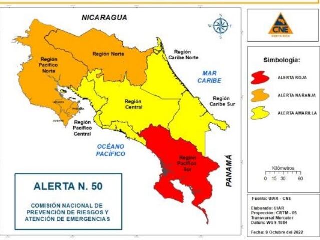 Declaran alerta roja para el Pacífico Sur por afectaciones causadas por tormenta tropical Julia. Foto CNE.