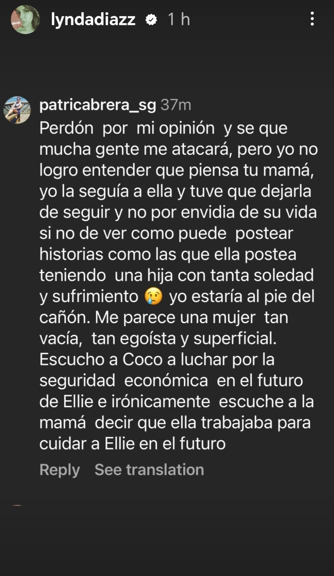 Comentario de seguidora de Coco Roper en contra de Lynda Díaz.
