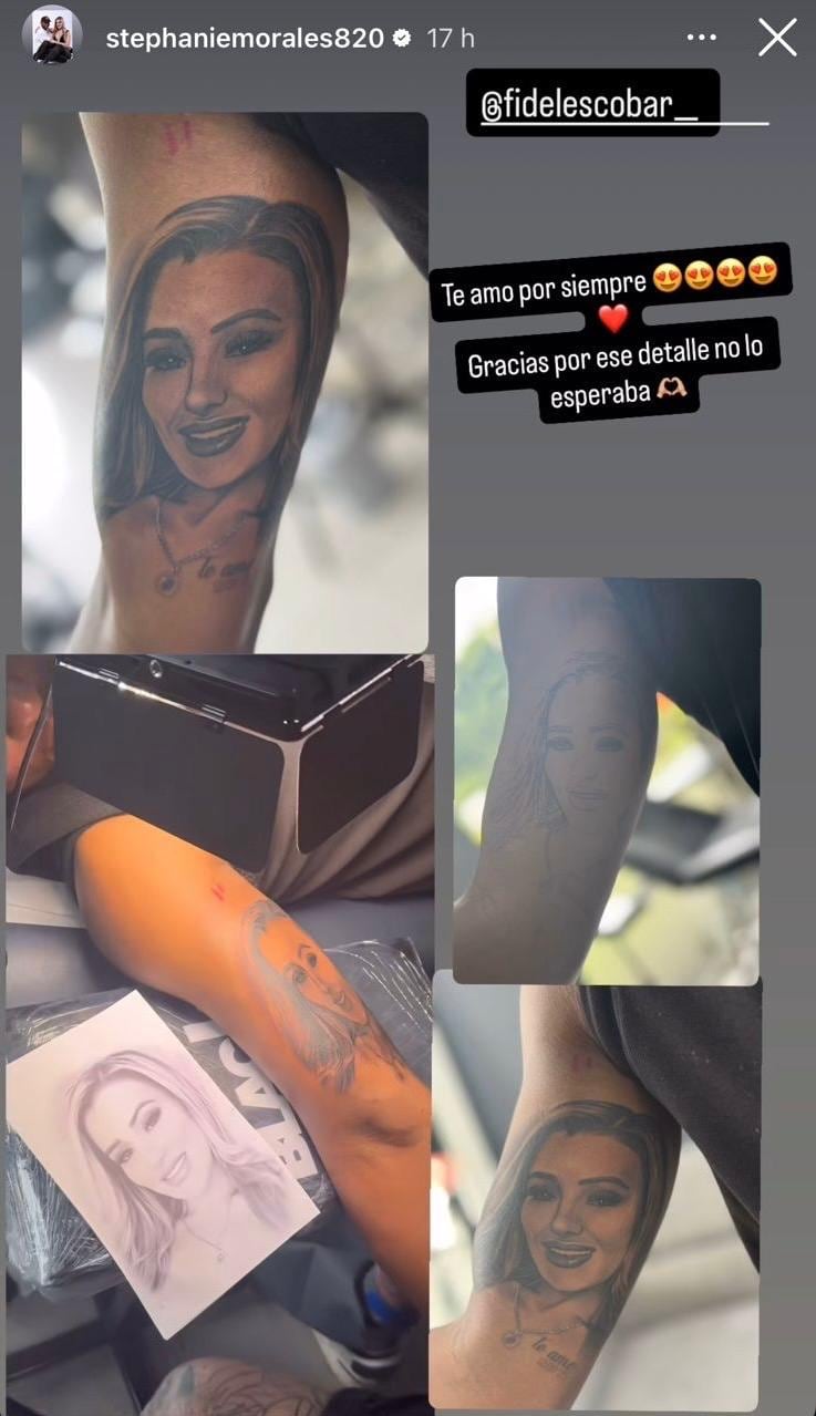 Fidel Escobar se tatuó en el brazo la cara de su novia, Stephanie Morales.