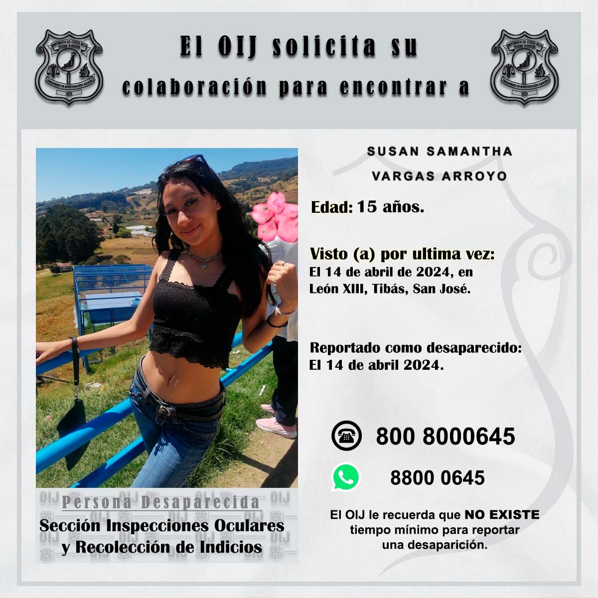 Ashly Madrigal Sol de 13 años y Susan Samantha Vargas Arroyo de 15 años, están desaparecidas, el OIJ pide ayuda para dar con ellas lo antes posible. Foto: OIJ