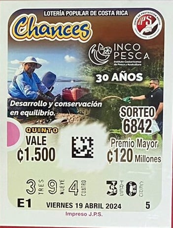 El Instituto Costarricense de Pesca y Acuicultura
(INCOPESCA) se complace en anunciar que como parte de la celebración de
su 30 Aniversario, el billete de lotería Chances de la Junta de Protección
Social, correspondiente al sorteo del 19 de abril del 2024, estará dedicado a
conmemorar este importante hito