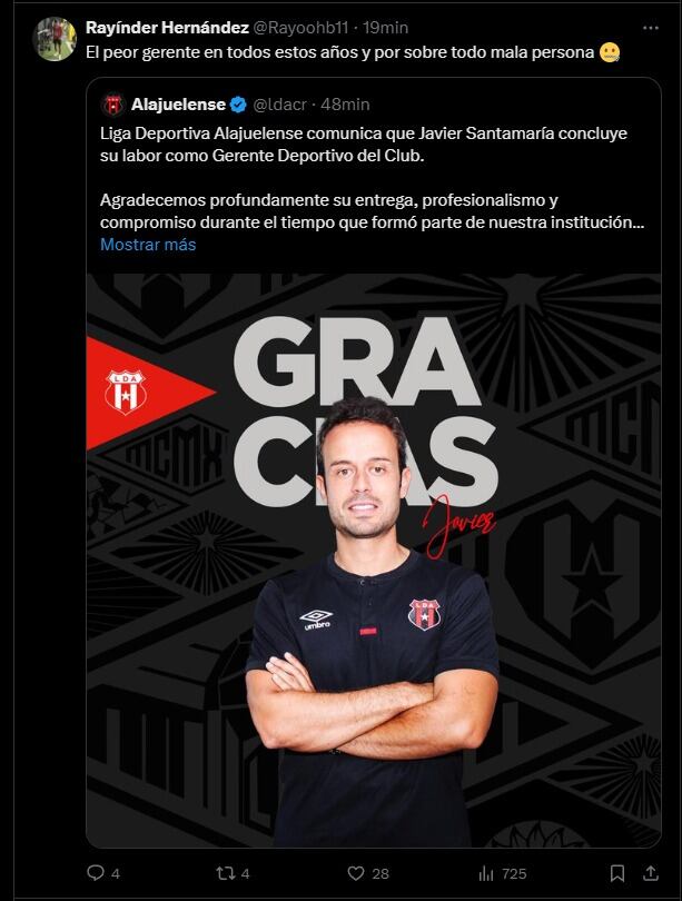 Rayinder Hernández le tiró muy duro a Javier Santamaría tras su salida de Alajuelense.