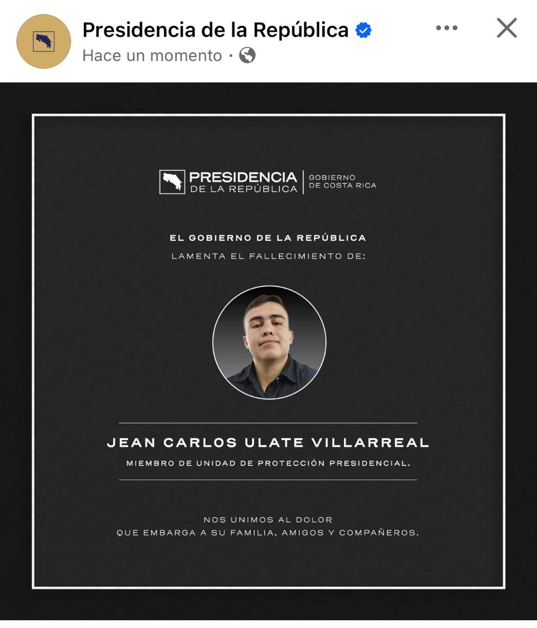 Fallece Jean Carlos Ulate Villarreal, miembro de la Unidad de Protección Presidencial
