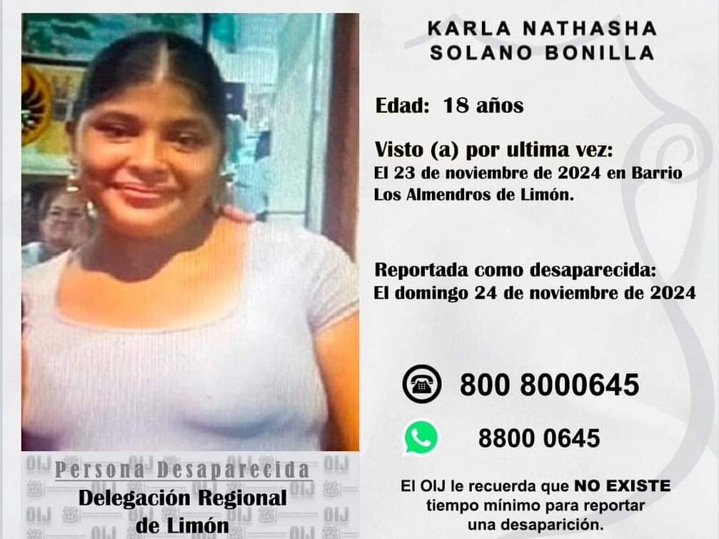 Karla Natasha Solano Bonilla, de 18 años, fue vista por última vez en Santa Rosa de Limón. Foto: OIJ