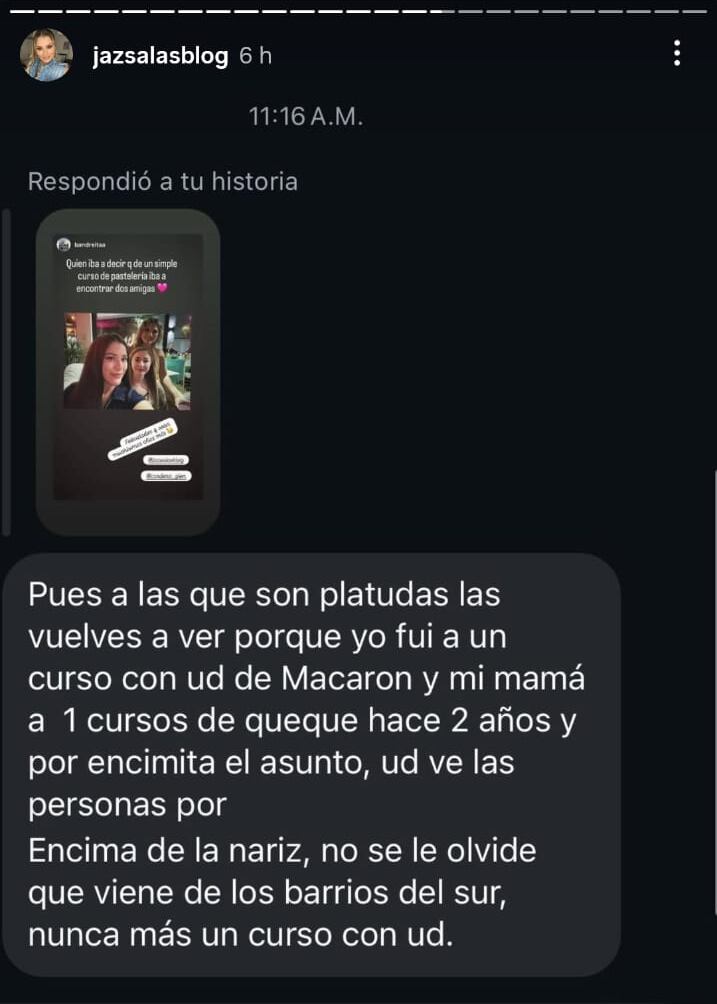 Esposa de Christian Bolaños se mostró indignada por un mensaje y así le respondió a una persona. Captura de pantalla.