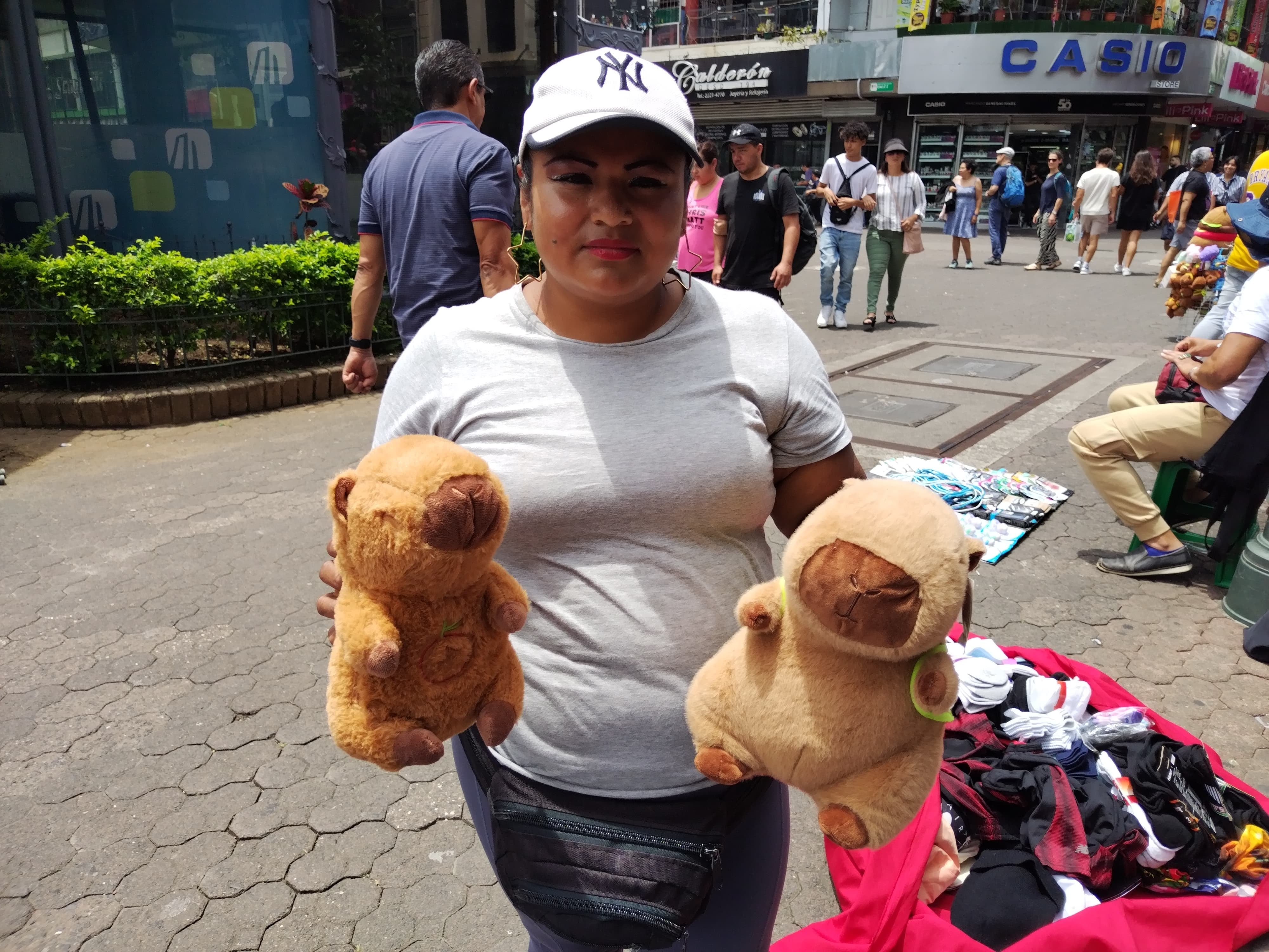 Los peluches de capibara volvieron a ser una locura de ventas en San José centro tras el decomiso de 5 capibaras reales en Orotina. Los vendedores ambulantes lo confirmaron el 27 de mayo del 2025 en un recorrido que realizamos. En la foto, Yamilet López, vendedora ambulante de 37 años que tiene 3 hijos.