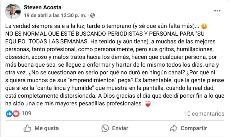 Experiodistas de Central Noticias de ¡Opa! denunciaron los malos tratos de Douglas Sánchez en sus redes sociales.