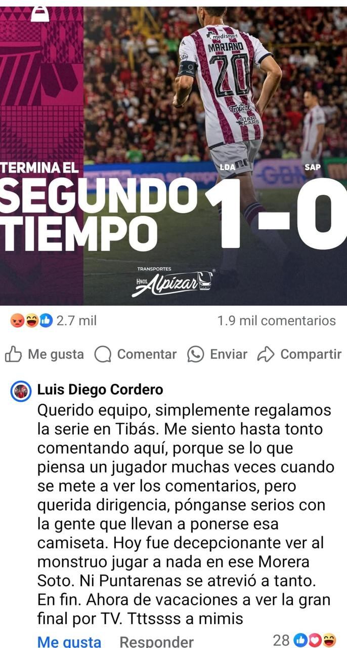 Luis Diego Cordero tiró duro al Saprissa tras la eliminación ante Alajuelense.