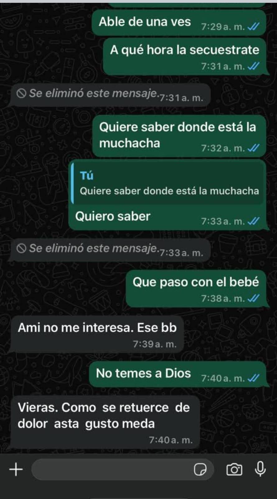 Estos son los mensajes que llegaron a los familiares de la embaraza que simuló el delito