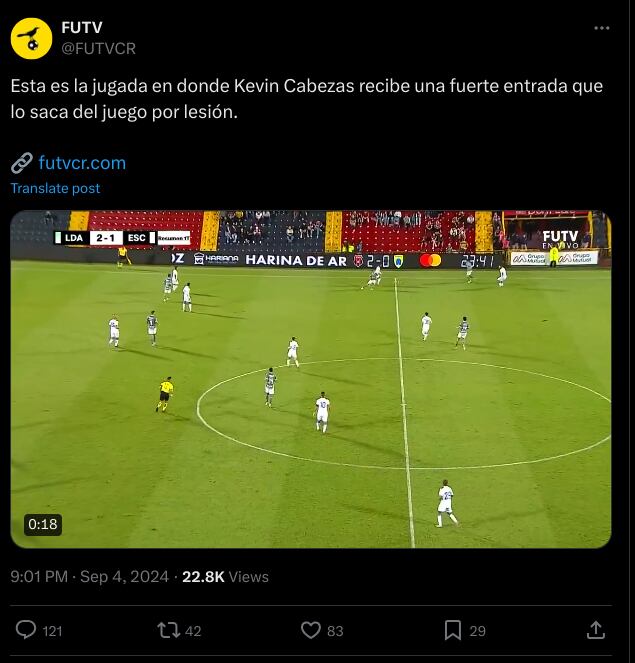 Kevin Cabezas sufrió este miércoles una de las lesiones más impactantes en años en el fútbol nacional