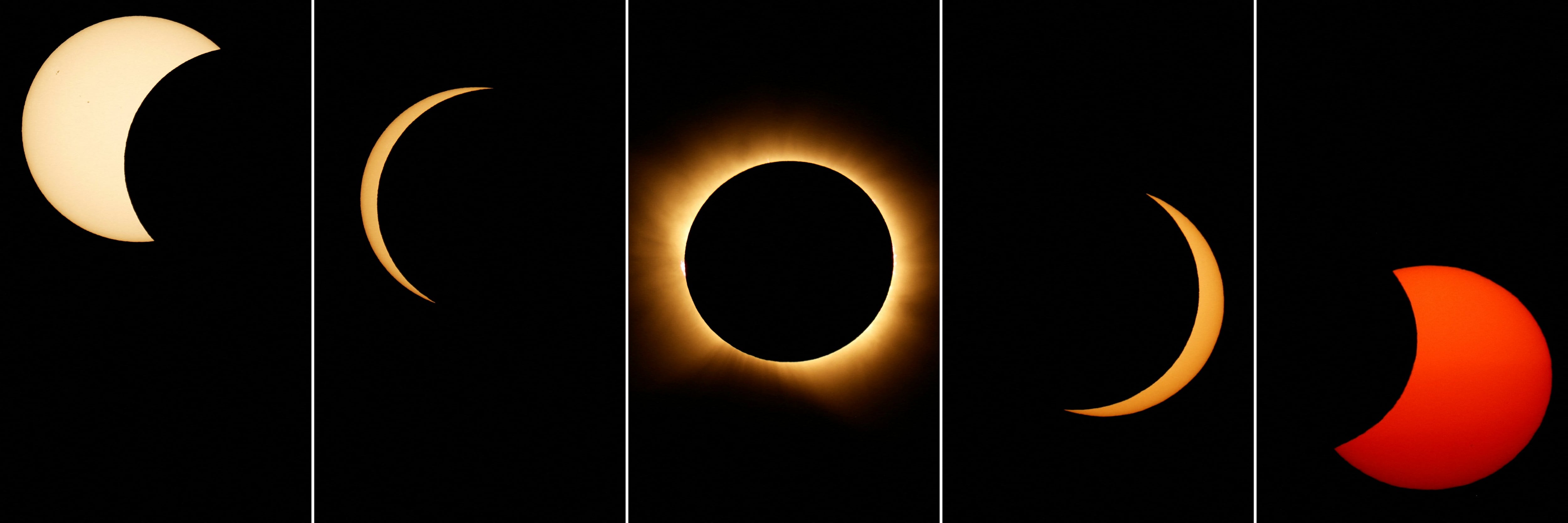 Esta serie de imágenes tomadas el 12 de agosto de 2026 muestra las diferentes etapas del eclipse solar total tal como se observó desde Berlanga de Duero, a 240 km al noreste de Madrid. Millones de europeos contemplaron hoy el cielo con asombro durante un raro eclipse solar total que sumió a una franja de España en una inquietante oscuridad diurna. La sombra proyectada cuando la Luna cubre al Sol comenzó en el remoto norte ártico de Rusia alrededor de las 17:00 GMT y continuó en un arco a través de Groenlandia e Islandia. España fue el lugar donde la mayoría de la gente observó el eclipse total, que atravesó el país en diagonal desde la costa atlántica del norte hasta el mar Mediterráneo, donde desapareció alrededor de las 18:30 GMT. (Foto de Oscar DEL POZO / AFP)
