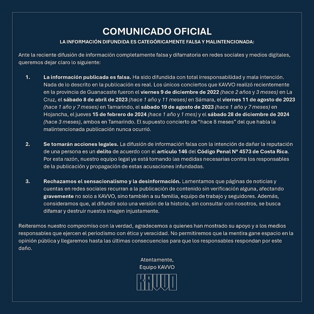 El cantante costarricense Kavvo se pronunció este jueves luego de unas acusaciones contra él que circulan en redes que lo señalan por, supuestamente, embarazar a una joven guanacasteca y no querer hacerse responsable.