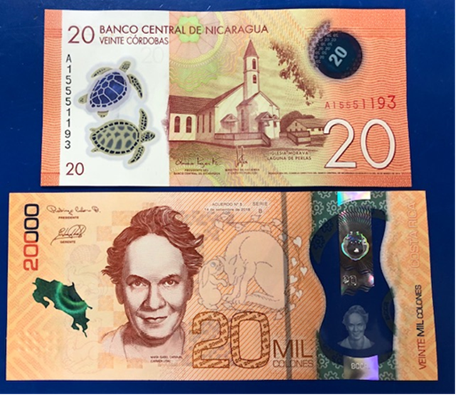 El billete de 20 córdobas de Nicaragua es gemelo del billete de 20 mil colones tico, lo que pasa es que el nicaragüense equivale a 500 colones ticos y están metiéndoselo a comercios y abuelitos