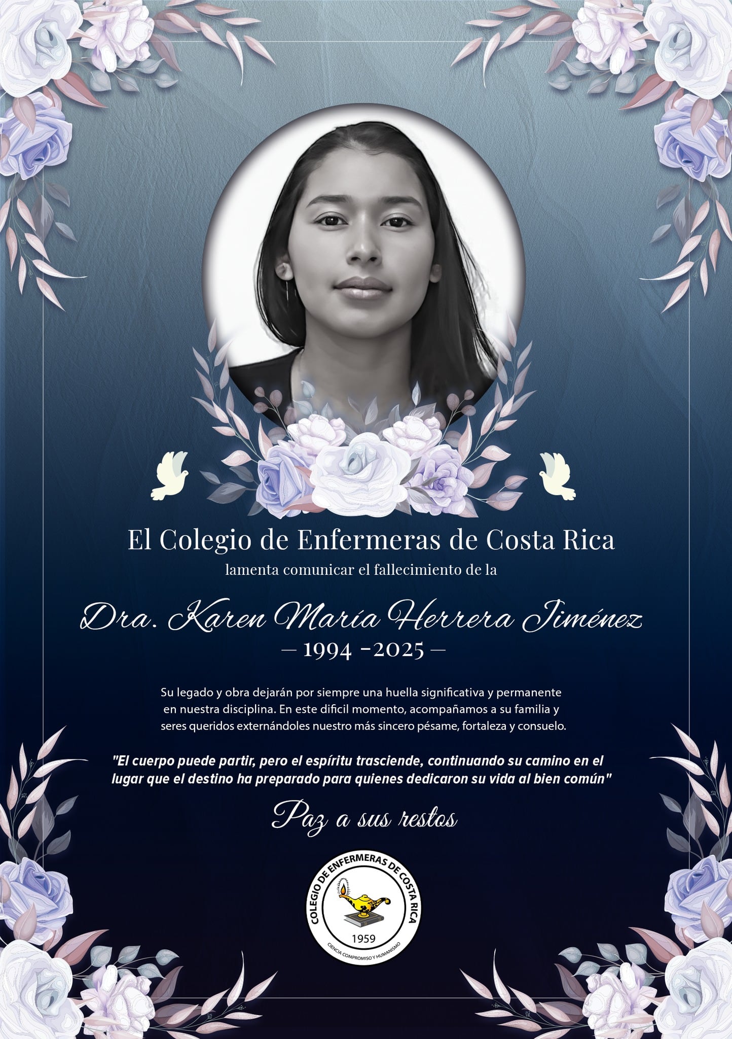 El Colegio de Enfermeras de Costa Rica informó y lamentó la pérdida de una de sus integrantes, se trata de Karen Herrera Jiménez, de 31 años, fallecida en la catarata La Leona en Curubandé de Liberia, Guanacaste. Foto: Colegio de Enfermeras de Costa Rica