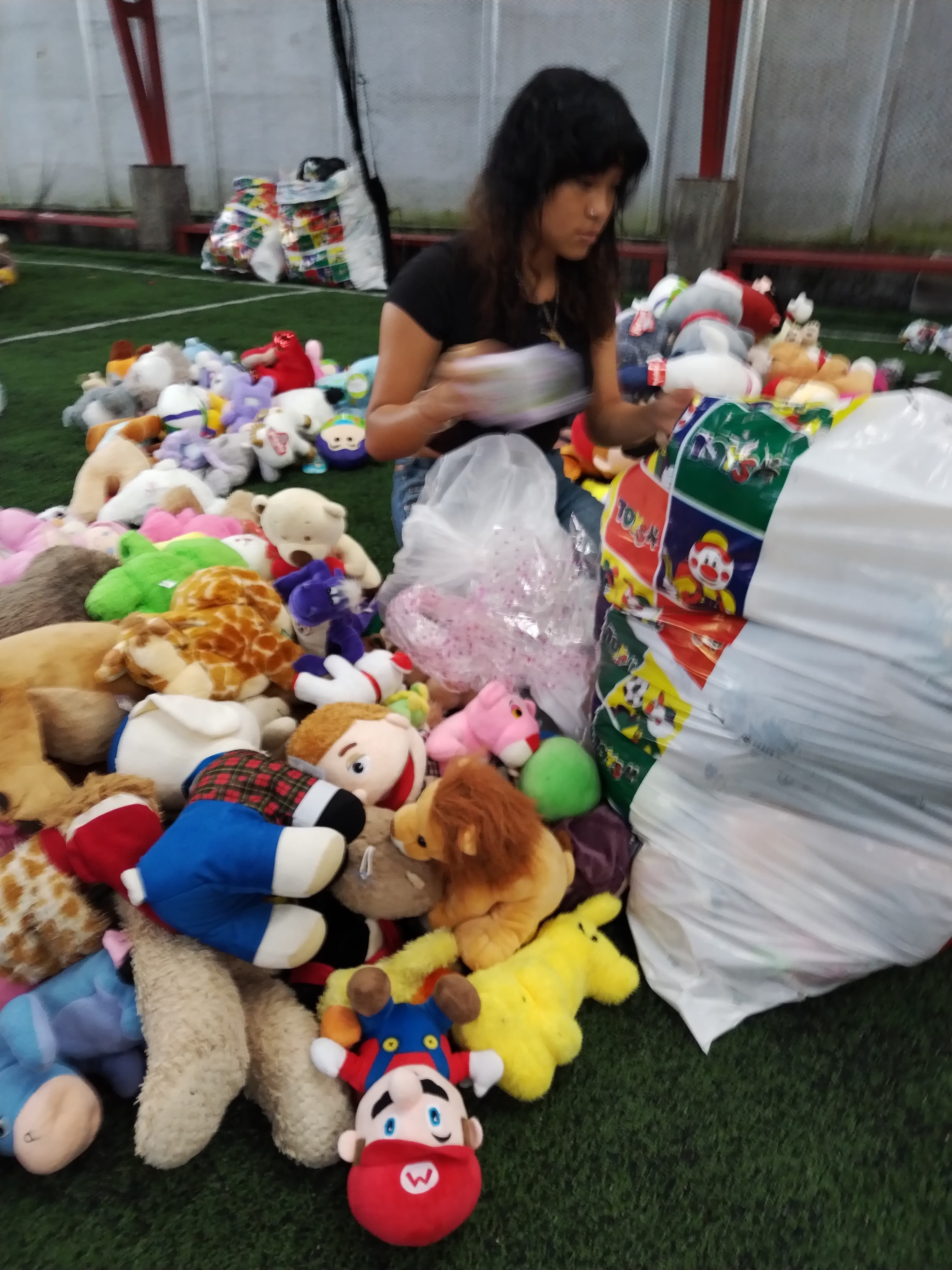 El padre Sergio Valverde de Obras del Espíritu Santo, comenzó el lunes 11 de noviembre a acomodar los peluches que los ticos donaron en la lluvia de peluches en el estadio Ricardo Saprissa.