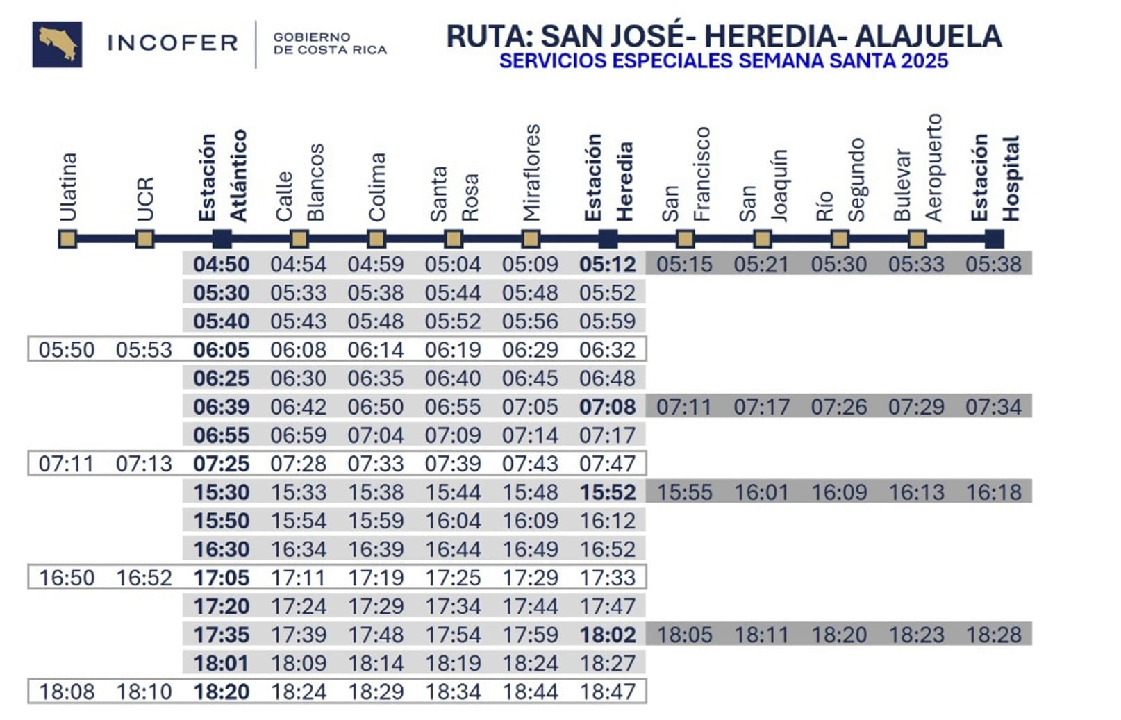 Así quedó el horario de trenes para la ruta San José-Heredia-Alajuela para Semana Santa.