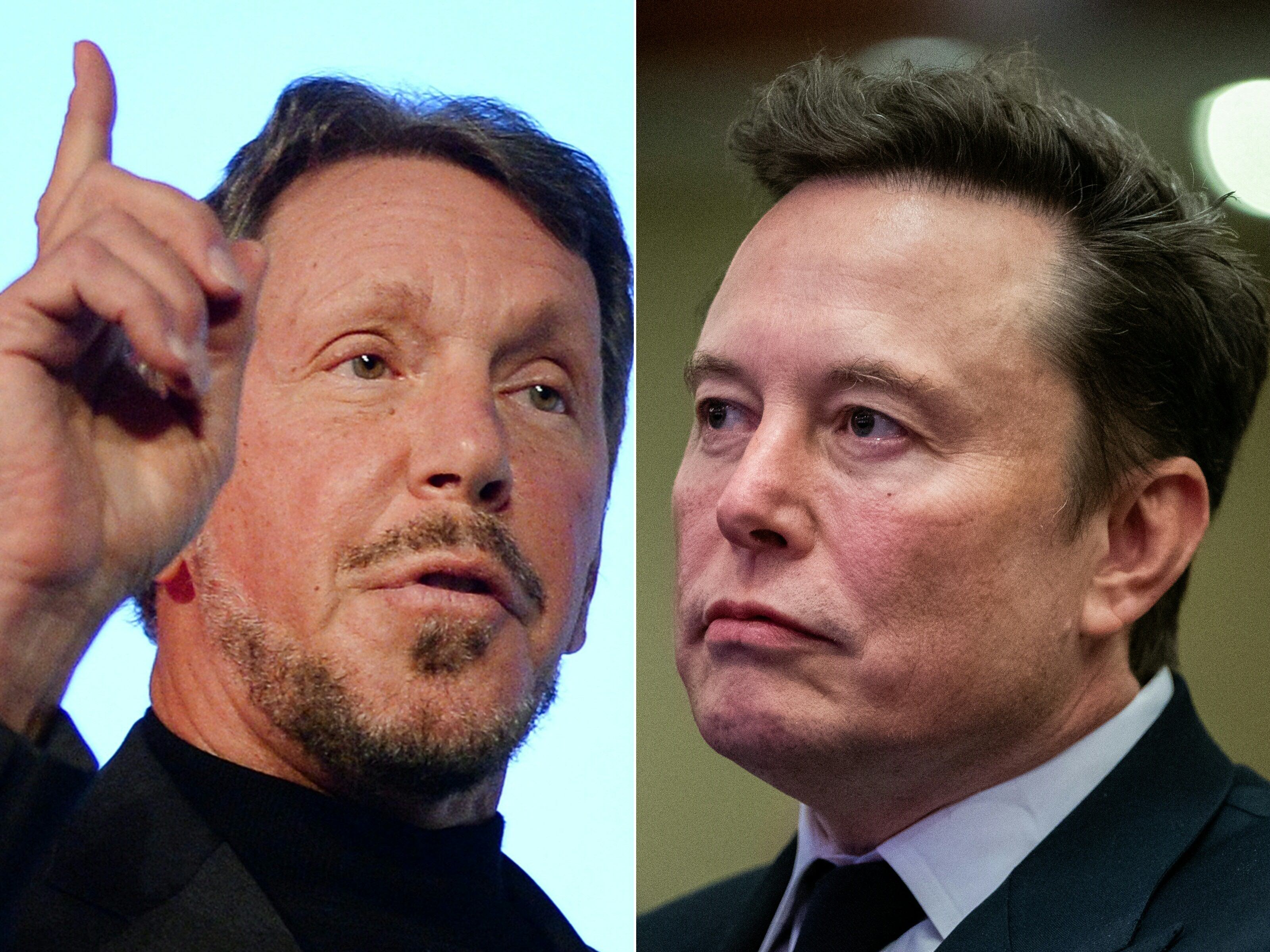 (COMBO) This combination of pictures created on September 10, 2025 shows, L/R, Larry Ellison, CEO of Oracle Corporation, in Tokyo on April 9, 2014 and Elon Musk in Washington, DC on November 13, 2024. Oracle shares surged more than 35 percent in early trading on September 10, 2025, after the software giant projected massive revenue growth based on contracts tied to artificial intelligence. The surge will significantly boost the wealth of Oracle Chairman Larry Ellison, who could potentially surpass Elon Musk as the world's richest person. (Photo by TORU YAMANAKA and Allison ROBBERT / various sources / AFP)