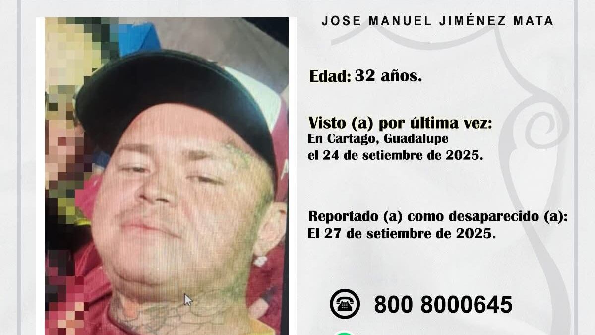 José Manuel Jiménez Mata, de 32 años, tiene quince días de estar desaparecido; su caso genera alarma, pues el carro que andaba fue hallado en un guindo, pero de él no hay rastro alguno. Foto: OIJ
