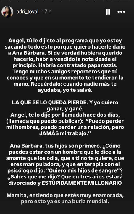 Publicaciones de Adriana Toval contra Ángel Muñoz esposo de Ana Bárbara.