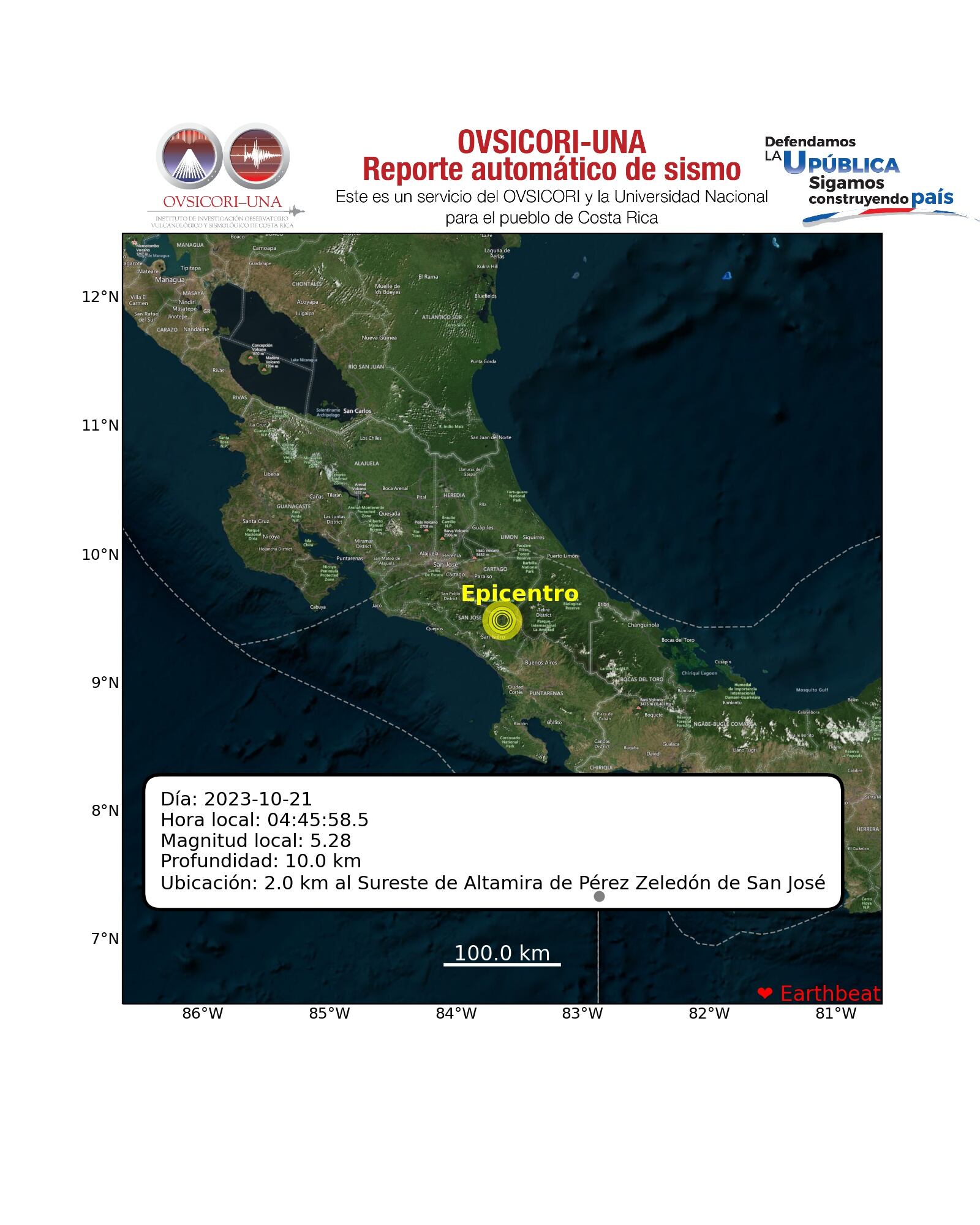 2023-10-21 04:45:58.5, Mag:5.28, Prof: 10.0, Epicentro: 2.0 km al Sureste de Altamira de Pérez Zeledón de San José
