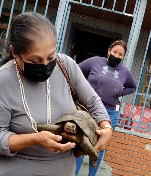 Doña Eugenia junto a su amada Guguza y a María José Calvo, quien le devolvió a su mascota. Captura de video.