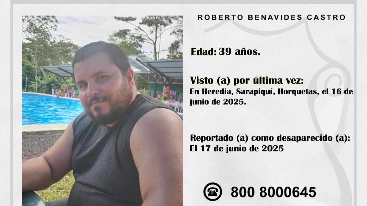 Roberto Benavides Castro, de 39 años, fue visto por última vez el lunes 16 de junio del 2025, en Sarapiquí. Foto: OIJ