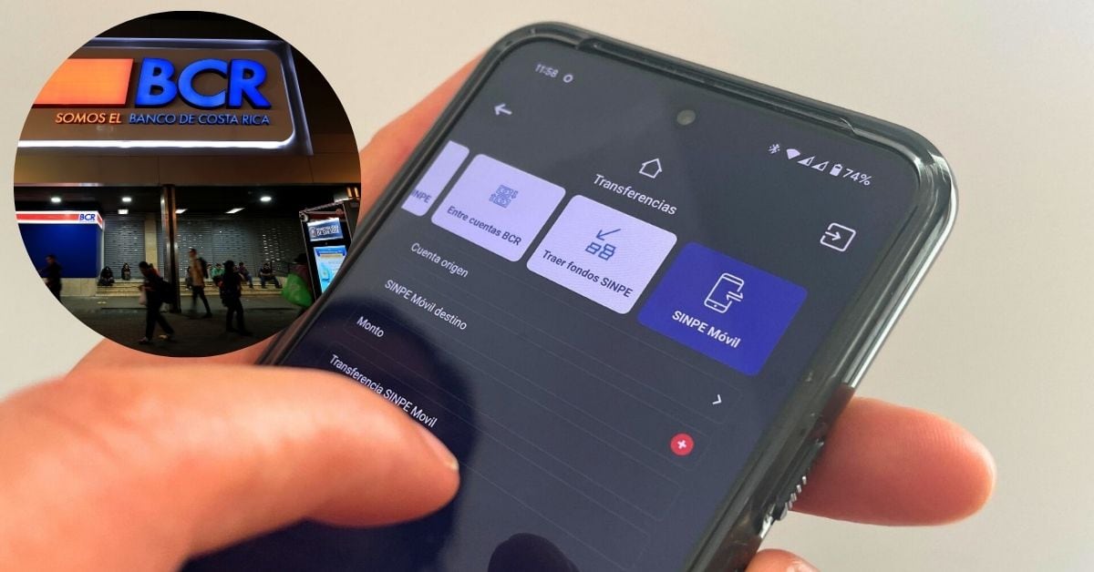 En la imagen la fachada del BCR y un teléfono con la aplicación de Sinpe Móvil