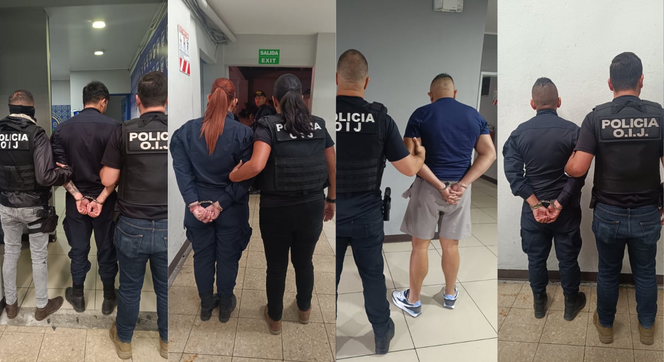 Parte del grupo de oficiales de Fuerza Pública detenidos este 17 de febrero por homicidio de detenido en Pavas ocurrido el 9 de febrero. Fotografía: