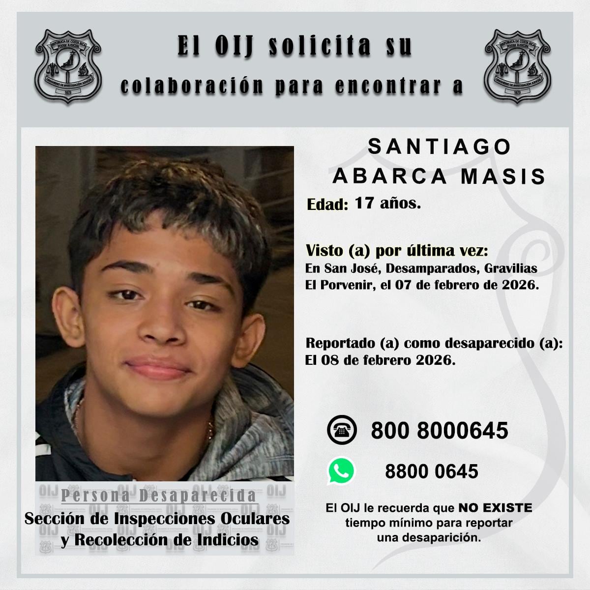 A Santiago Abarca Masís, de 17 años, se le perdió el rastro desde el sábado 7 de febrero y su paradero es incierto. Foto: OIJ