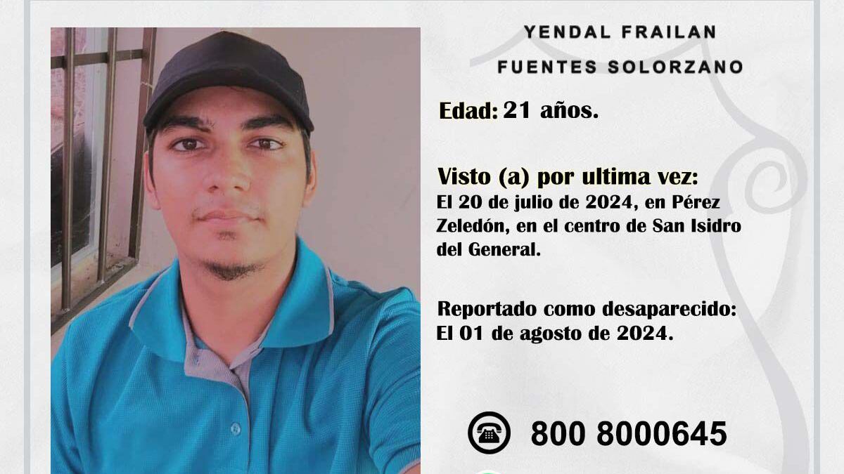 Yendal Frailan Fuentes Solorzano es un joven papá de 21 años, que tiene dos semanas de estar desaparecido. Foto: OIJ