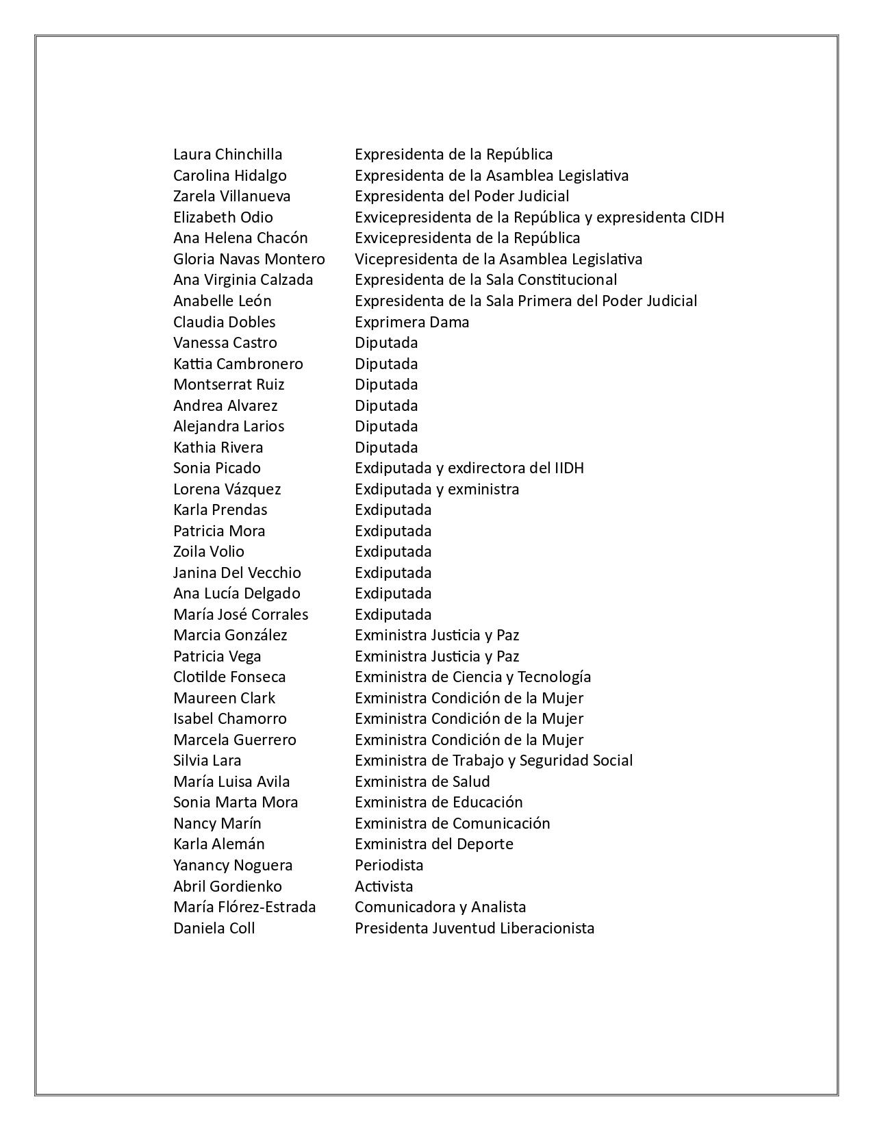 Más de treinta mujeres que participan o participaron de la política nacional, se unieron para alzar la voz en defensa de doña Marta Acosta, actual Contralora General de la República ya que consideran que altos representantes del actual gobierno la están “maltratando groseramente”.