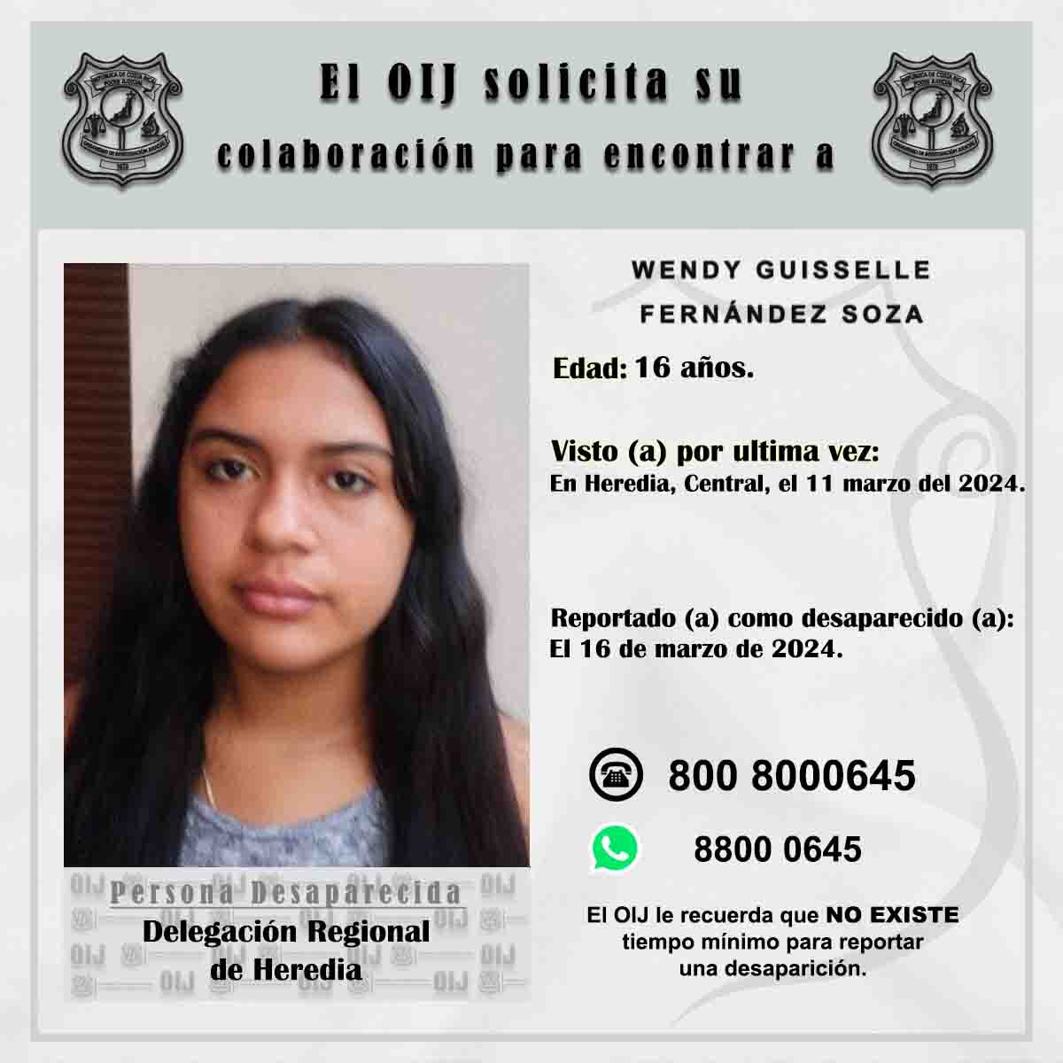 Wendy Fernández, menor desaparecida en Heredia. Foto OIJ.