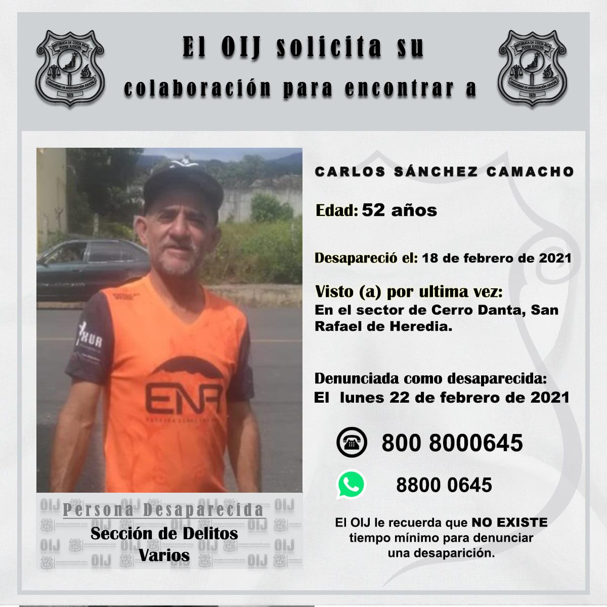 Carlos Luis Sánchez Camacho, hombre que está perdido en cerro Dantas desde el jueves 18 de febrero. Foto OIJ.