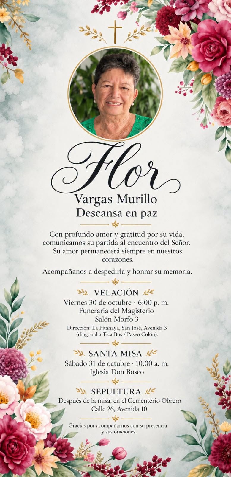Yashin Quesada confirmó el fallecimiento de su suegra Flor Vargas.