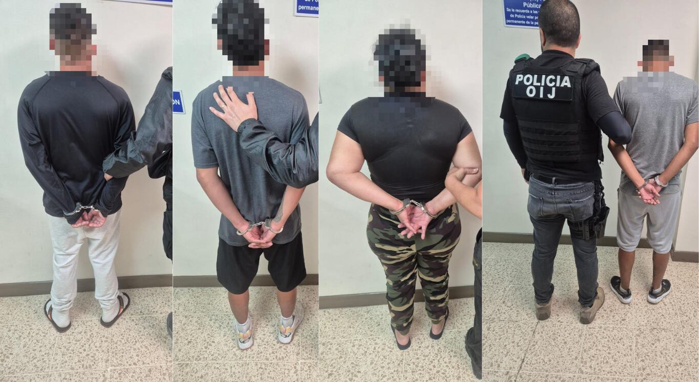 Cuatro de los detenidos en los allaanamientos este 3 de junio en Guararí de Heredia, incluida una mujer quien sería clave en el caso, según OIJ. Fotografía: