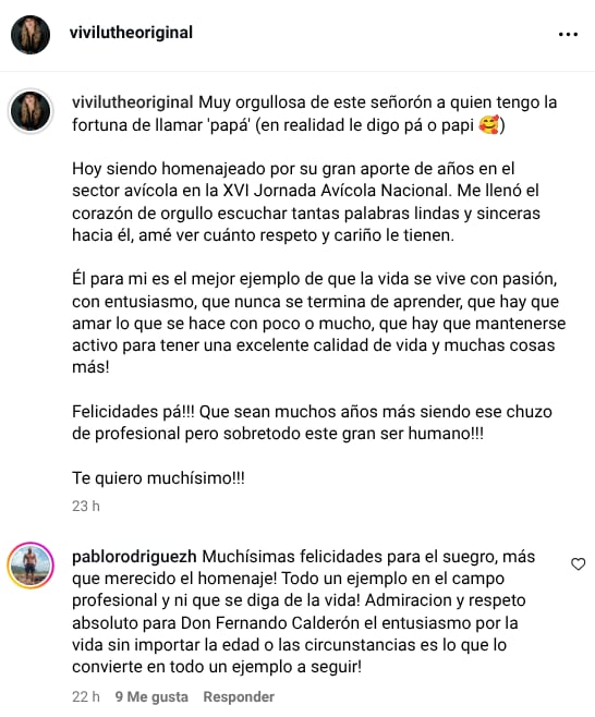 Viviana Calderón celebró homenaje que recibió su papito y Pablo Rodríguez aprovechó para soltar la lengua