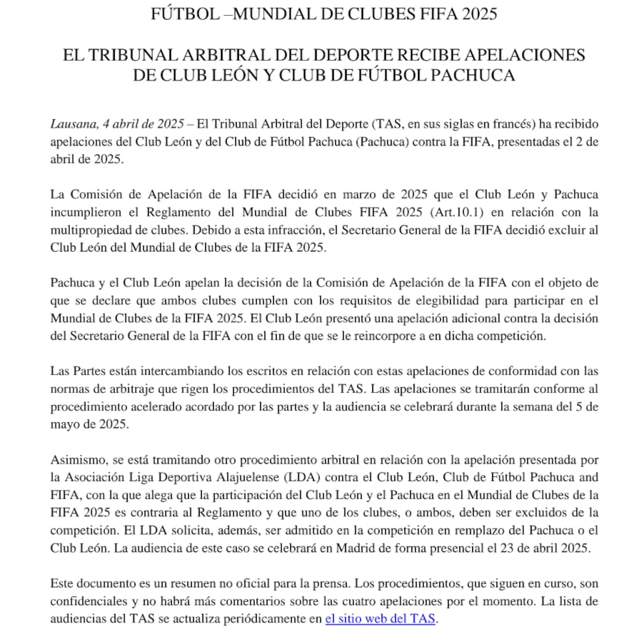 Este fue el comunicado de prensa compartido por el TAS.