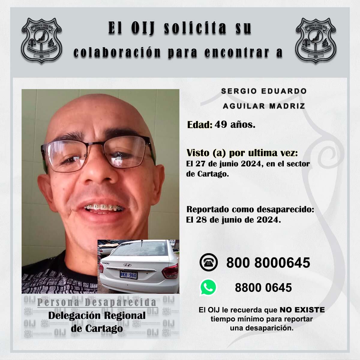 Sergio Aguilar Madriz fue visto por última vez el pasado jueves.