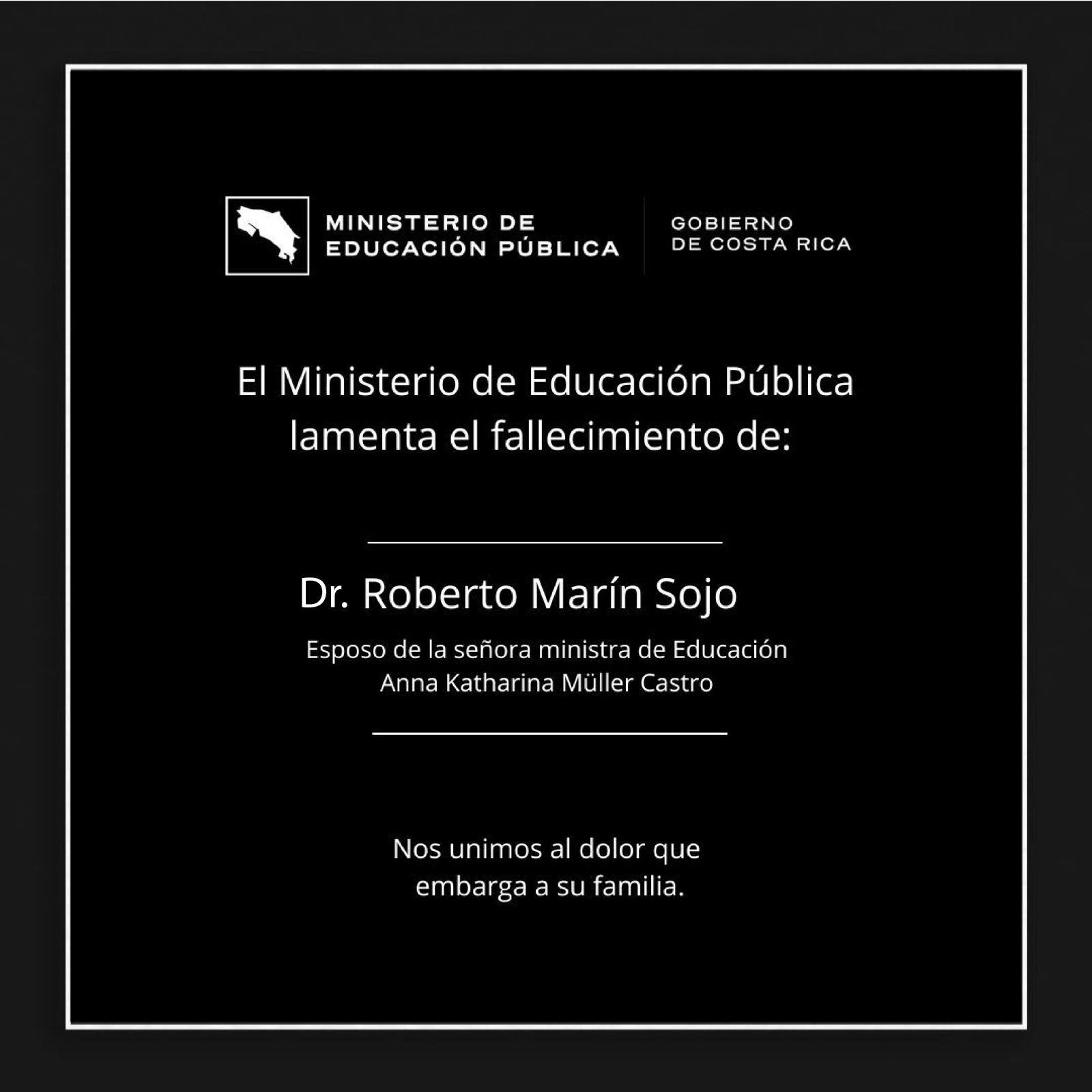 Este jueves, el MEP informó el sensible fallecimiento del esposo de la ministra de Educación Anna Katharina Müller. Prensa MEP.